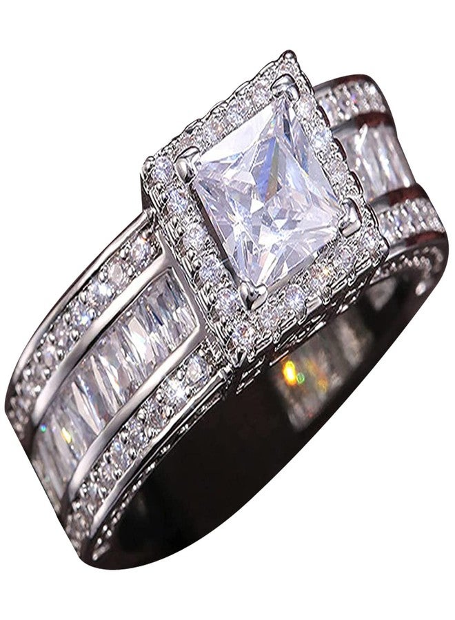 RKKOJJO 925 Sterling Silver Shiny Full Diamond Gemstone Ring Cubic Zirconia Rings CZ Diamond Multi Row Ring Eternity Engagement Wedding Band Ring for Women (US Code 7) - Image 1